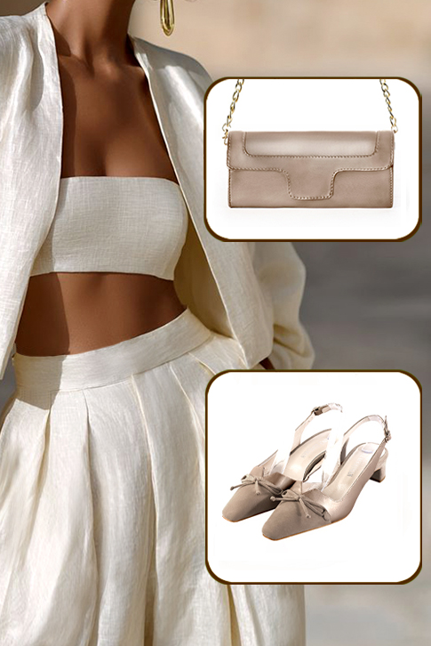 Dress slingback bow heels in tan beige leather with kitten heels and tapered toe - Worn view